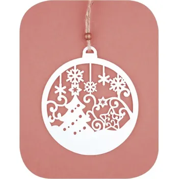 Vánoční dekorace Anděl Přerov s.r.o. Koule dřevěná se stromem a vločkami na zavěšení 12 cm, bílá