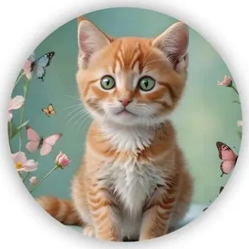 Dekorativní magnet Magnetka 60x60mm ve tvaru kruhu - koťátko v zahradě motýlů