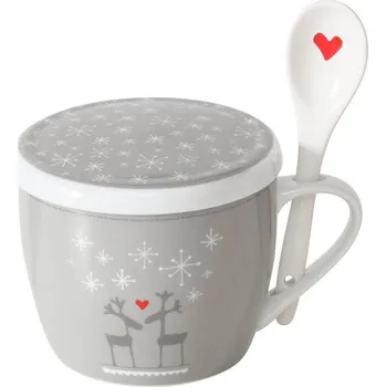 Boltze Home Vánoční hrnek jumbo s víkem a lžící LOVELIES, 600 ml, šedá, porcelán