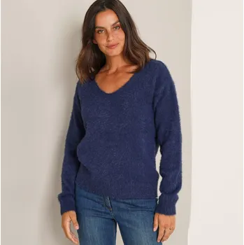 Dámský svetr Pulovr s výstřihem do V, z úpletu s vlasem nám.modrá 54