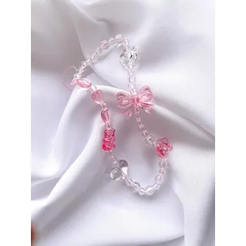 Řetízek B-TOP Řetízek na mobil s růžovými a čirými korálky a roztomilými přívěsky