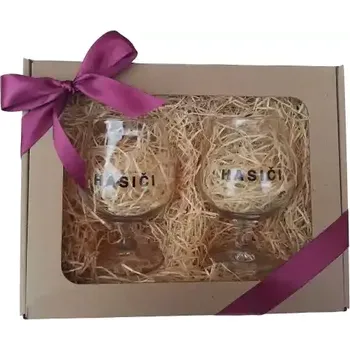 Sklenice Sada 2ks sklenic s nápisem HASIČI v dárkovém balení - Fialová mašle