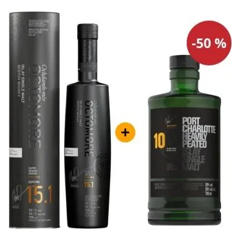 Whisky Akce: Druhá láhev za půlku Octomore 15.1 0,7 L 59,1% + Bruichladdich Port Charlotte 10YO 0,7 L 50%