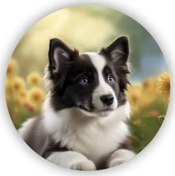 Dekorativní magnet Magnetka 65x65mm ve tvaru kruhu - border kolie v květinách