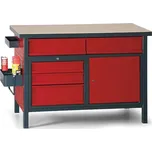 Dílenský pracovní stůl GD, 5 zásuvek, smrk + buková překližka, 5 zásuvek, 1 skříňka, 1190 x 600 x 850 mm, antracit / červená 143640643