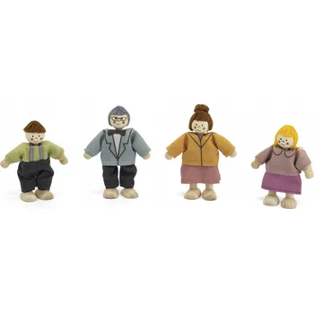 Dřevěná hračka VIGA SADA DŘEVĚNÝCH PANENEK DO DOMEČKU LÁTKOVÉ OBLEČENÍ 4 KS