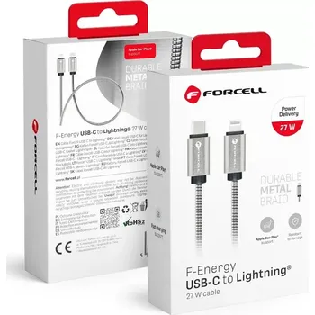 Datový kabel Datový kabel FORCELL F-Energy s konektorem Lightning - USB-C QC3.0 PD 27W, 1m, stříbrný (FORCELL Kabel typu C pro iPhone Lightning 8kolíkový QC3.0 PD 27W Kov C238 1m stříbrný)