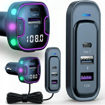BLUETOOTH FM TRANSMITTER DO AUTA 3X USB TYP C NABÍJEČKA ADAPTÉR