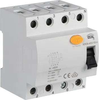 modulární přístroj a rozvaděč KRD6-4/63/100-A proudový chránič, 4P 23229 Ideal TS