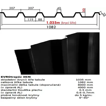 plechová krytina Trapézový plech 35/N lakovaný pozink 0.5mm RAL 9005 černá dl.2m (Kvalitní Česká pozinkovaná plechová krytina Lakovaná)