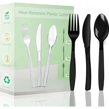 Příbor Sada Plastových Příborů 90ks Černé Opakovaně Použitelné Odolné na Gril