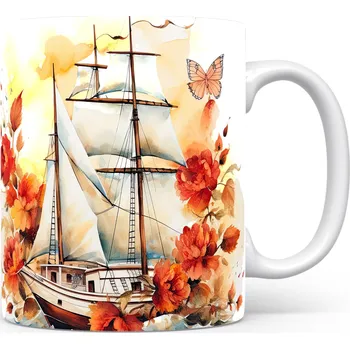 Hrnek s plachetnicí a květinovým motivem – modrými detaily