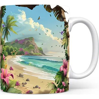 Hrnek s tropickou pláží a květinami