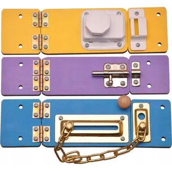 Dřevěná hračka MANIPULAČNÍ DESKA - BAREVNÁ SADA DVEŘÍ SE ZÁSUVKY A POHYBLIVÝMI PRVKY