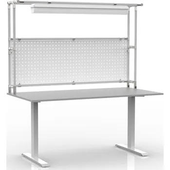 Dílenský stůl Enprag Elektricky výškově stavitelný stůl s nástavbou a perfopanelem 24031130 [šedá + stříbrné spojky]