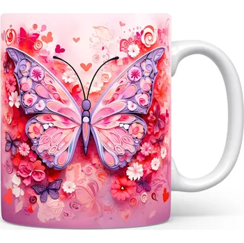 Hrnek s růžovým motýlem a květinovým motivem