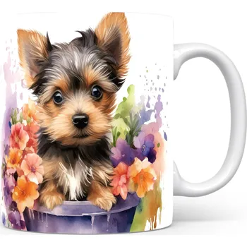 Hrnek s roztomilým yorkšírským teriérem a květinami