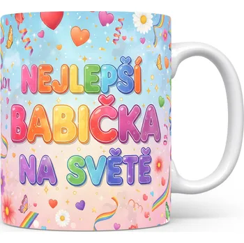 Hrnek NEJLEPŠÍ BABIČKA NA SVĚTĚ – záplava pastelových barev a radostných motivů.