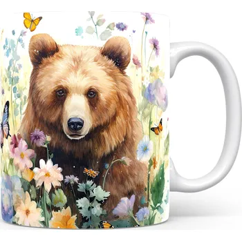 Hrnek s medvědem a květinami – malířským vzhledem