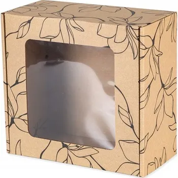 Dárková krabička Krabička s víkem hnědá 20x20x10 cm třívrstvá s okénkem a potiskem květin