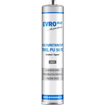 Tmel Polyuretanový tmel PU 50 FC Evromat (Jednosložkový těsnící spárovací tmel, na bázi polyuretanu. Pro lepení a tmelení ve stavebnictví i průmyslu. Vytvrzuje vulkanizací vzdušné vlhkosti, vytváří trvale pevný, elastický spoj. Po vytvrzení přetíratelný.)