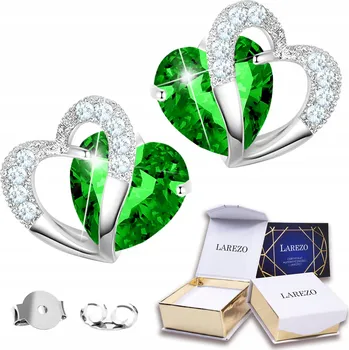 Náušnice Stříbrné Náušnice Zelené Křišťálové Srdce Srdíčka Zirkony STŘÍBRO 925