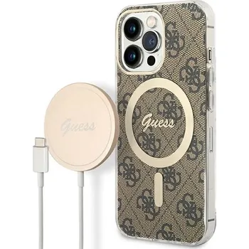 Pouzdro na mobilní telefon Sada Guess GUBPP13LH4EACSW pouzdro + nabíječka pro iPhone 13 Pro hnědé/hnědé pevné pouzdro 4G s potiskem MagSafe