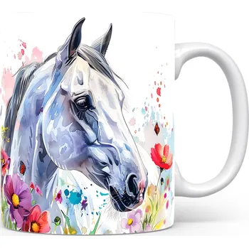 Hrnek s bílým koněm a květinami