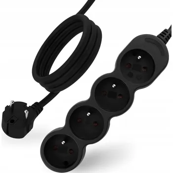 Napájecí kabel Prodlužovací Prodlužovací Kabel s uzemněním, Zásuvková Lišta 4 zásuvky, 3 m, černý