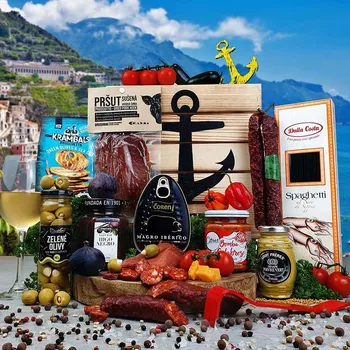 Dárkový potravinový koš Bedna s páčidlem pro gurmány s mediranickými specialitami| Dárek pro muže s itamlskými a španělskými specialitami