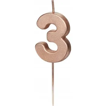 Dortová svíčka Svíčka na dort " Číslice 3", růžové zlato, PartyDeco, 9 cm