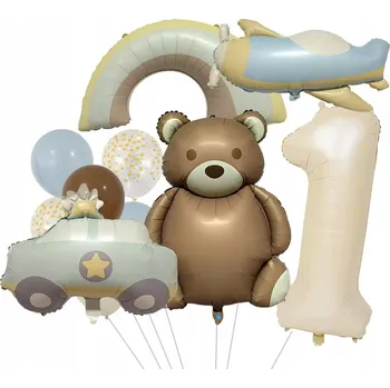 Balónek SADA PRVNÍ NAROZENINY BALÓN ČÍSLICE 1 BOHO RETRO AUTO LETADLO MEDVÍDEK DUHA