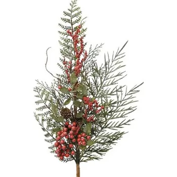 umělá květina Větev umělá jehličnatá s červenými bobulemi a šiškami se třpytkami 8 x 20 x 70 cm