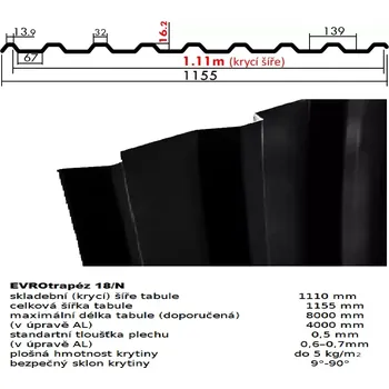 Střešní krytina Trapézový plech 18/N lakovaný pozink 0.5mm RAL 9005 černá dl.2m (Kvalitní pozinkovaná plechová krytina Lakovaná)