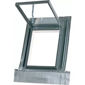 Střešní výlez Evromat 45x55cm (Standardní výbava:Olověná zástěra s bitumenovou páskou:Manžeta:Fixační omezovač otevření křídla:Těsnicí klín:Okapnička:Madlo-3 zavírací polohy.Profil křídla hliník-RAL 7022.Zasklení:vnější tvrzené sklo)