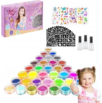 Odstranitelné tetování BROKÁTOVÉ TETOVÁNÍ PRO DĚTI - VELKÁ SADA ŠABLON A BROKÁTŮ + DÁREK PRO DĚTI