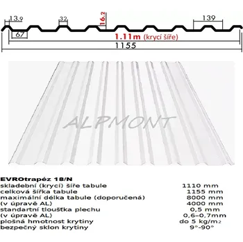 Střešní krytina Trapézový plech 18/N lakovaný pozink 0.5mm RAL 9010 bílá dl.2mb (Kvalitní Česká pozinkovaná plechová krytina Lakovaná)