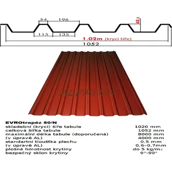 Střešní krytina Trapézový plech 50/N lakovaný pozink 0.5mm RAL 3009 červená oxid dl.2mb (Kvalitní Česká pozinkovaná plechová krytina Lakovaná)