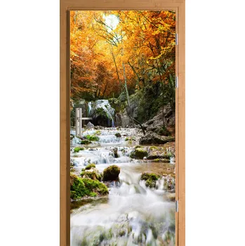 Fototapeta Samolepicí nálepka na dveře lesní potok podzim