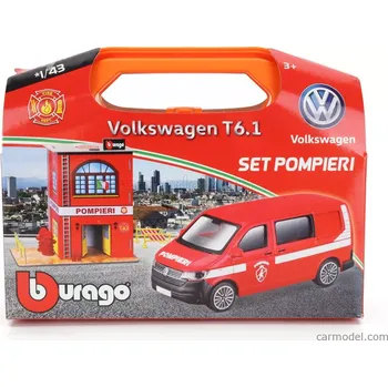 Bburago Accessories Diorama - Set Build Your City Fire Station - Caserma Vigili Del Fuoco - With Volkswagen T6 Minibus 1:43 Červená Bílá