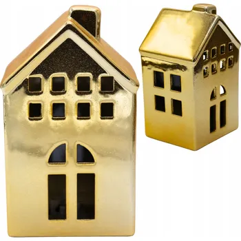 Vánoční dekorace KERAMICKÝ DOMEČEK LED SUGAR GOLD VELKÝ zlatý vánoční dekorace 15 cm