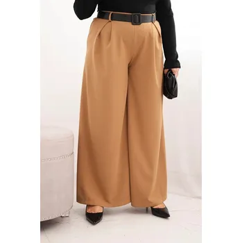 Dámské kalhoty Dámské kalhoty Plus Size s širokou nohavicí a páskem camelové UNI