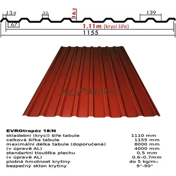 plechová krytina Trapézový plech 18/N lakovaný pozink 0.5mm RAL 3009 červená oxid dl.2mb (Kvalitní Česká pozinkovaná plechová krytina Lakovaná)