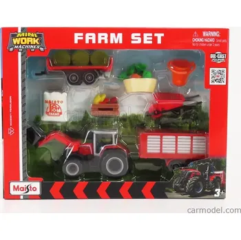 autíčko Maisto Massey ferguson Farm Set 8s.285 Tractor With Accessories 2018 1:64 Červená Šedá