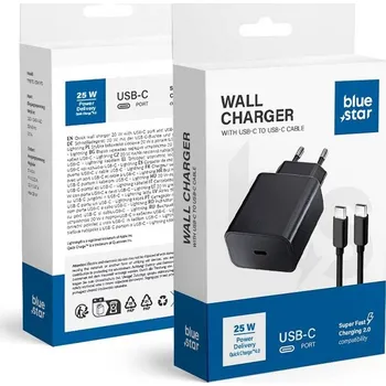 SÍŤOVÁ NABÍJEČKA BLUE STAR S USB-C KONEKTOREM A KABELEM TYP C - 3A 25W
