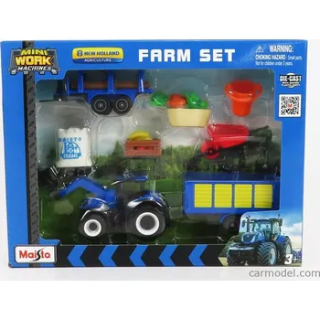 autíčko Maisto New holland Farm Set T7-315 Tractor With Accessories 2018 1:64 Modrá Žlutá