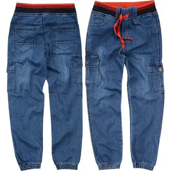 Chlapecké kalhoty CHLAPECKÉ JEANSY BOJOVKY S GUMOU V PASE, ČERVENÝ PÁSEK, modré, velikost 6 J193M