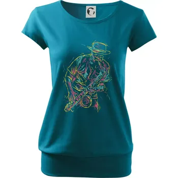 Dámské tričko Jazz saxofon splash - Volné triko city - XL ( Tmavý tyrkys )