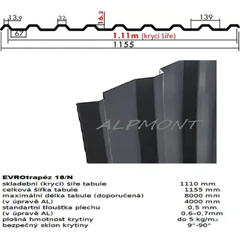 plechová krytina Trapézový plech 18/N lakovaný pozink 0.5mm RAL 7016 antracit dl.2mb (Kvalitní Česká pozinkovaná plechová krytina Lakovaná)