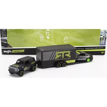 autíčko Maisto Ford usa Bronco 2021 With Trailer Car Transporter + Mustang GT Coupe RTR Vehicles 1:64 Šedá Žlutá